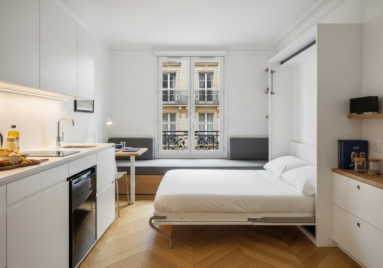 Micro-logement parisien rénové dans immeuble haussmannien